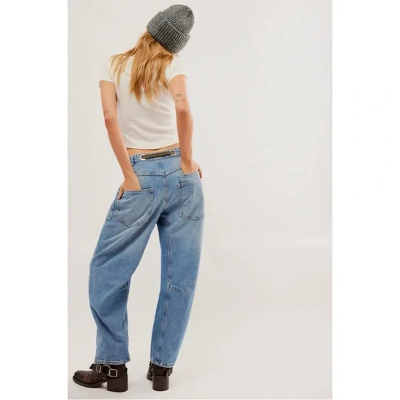Free People Moxie Barrel Jeans Denim Blue Patches Baggy Slouchy Boho Festival 31 - Picture 3 of 14